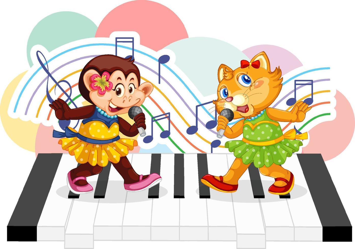 Cute animal sing a song with music notes on piano vector