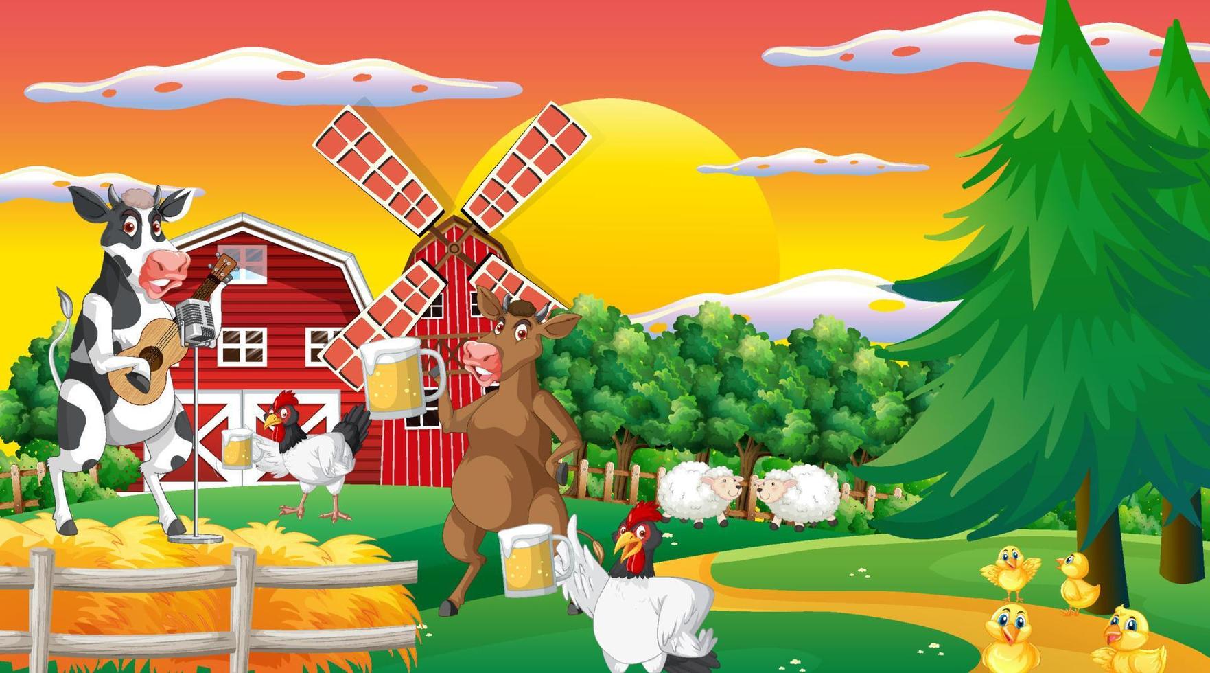 escena de granja de vacas al aire libre con dibujos animados de animales felices vector