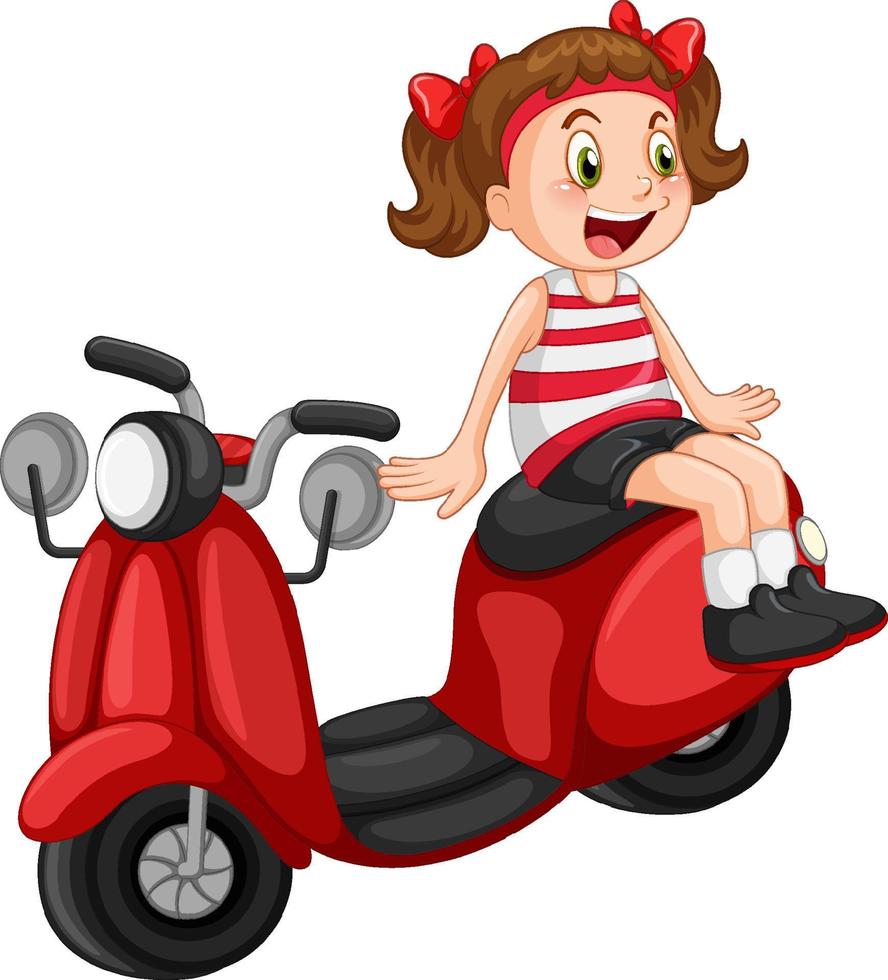 motocicleta roja con una niña de dibujos animados vector