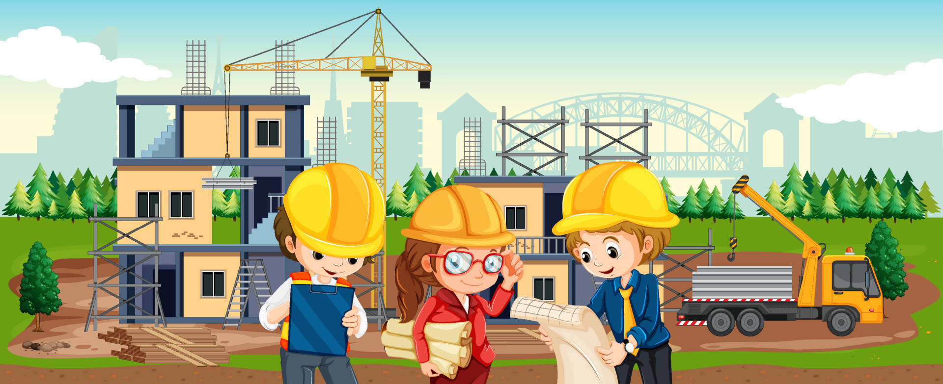 Cartoon scene of building construction site 7699756 Vector Art at Vecteezy