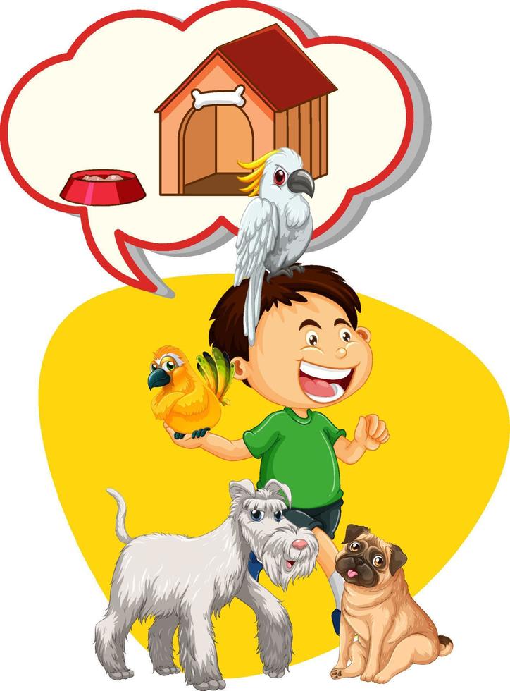bocadillo de diálogo con niño y muchas mascotas vector