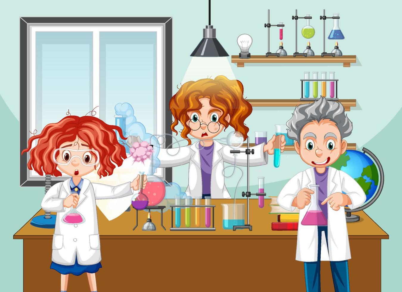 Classroom scene with scientist doing experiment vector