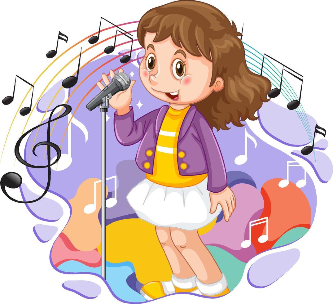 Singer girl cartoon character with melody symbols vector