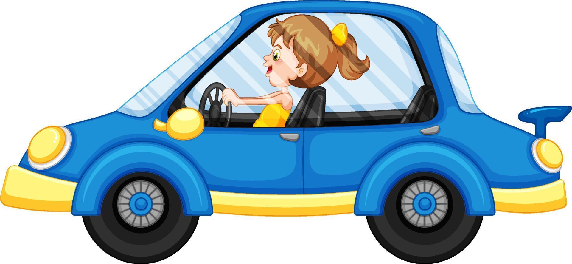 chica de dibujos animados conduciendo un coche azul vector