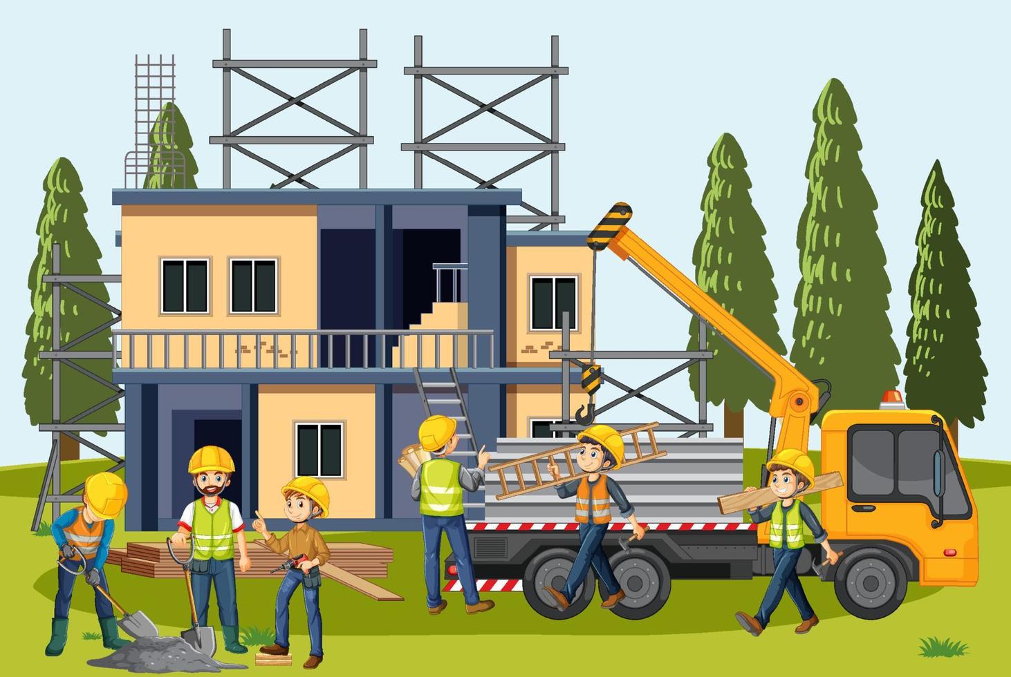 sitio de construcción de edificios con trabajadores vector