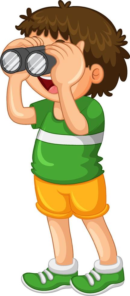 Boy look through binoculars on white background vector