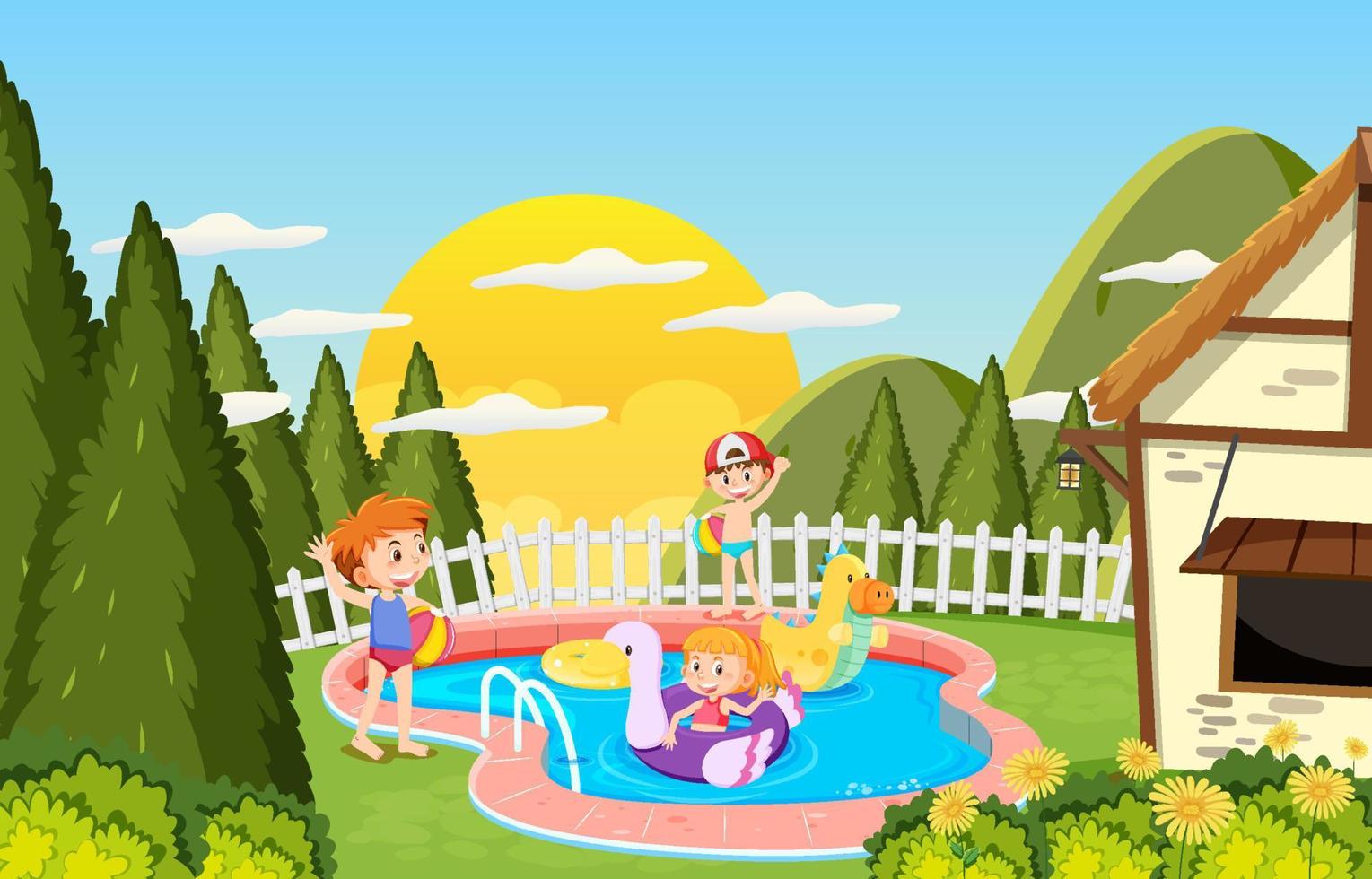 niños nadando en la piscina en la parte trasera de la casa vector