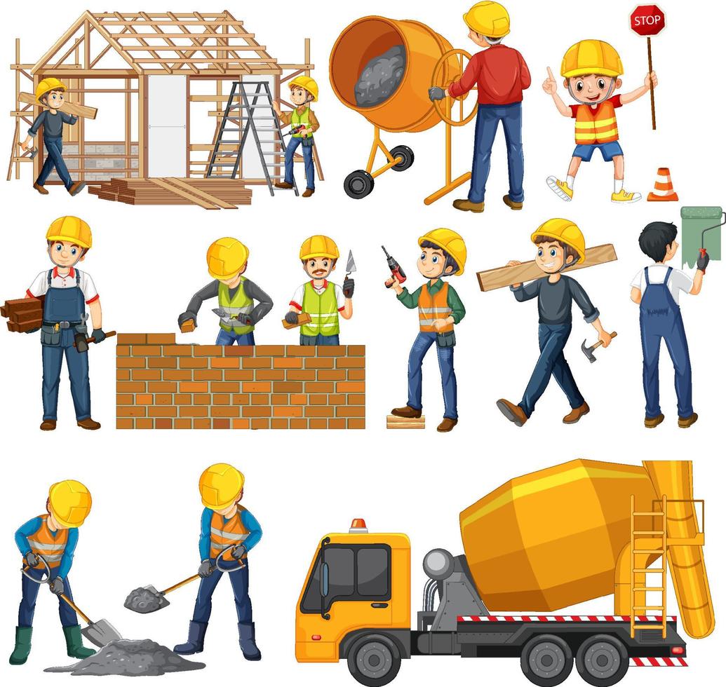 Set of construction site objects and workers vector