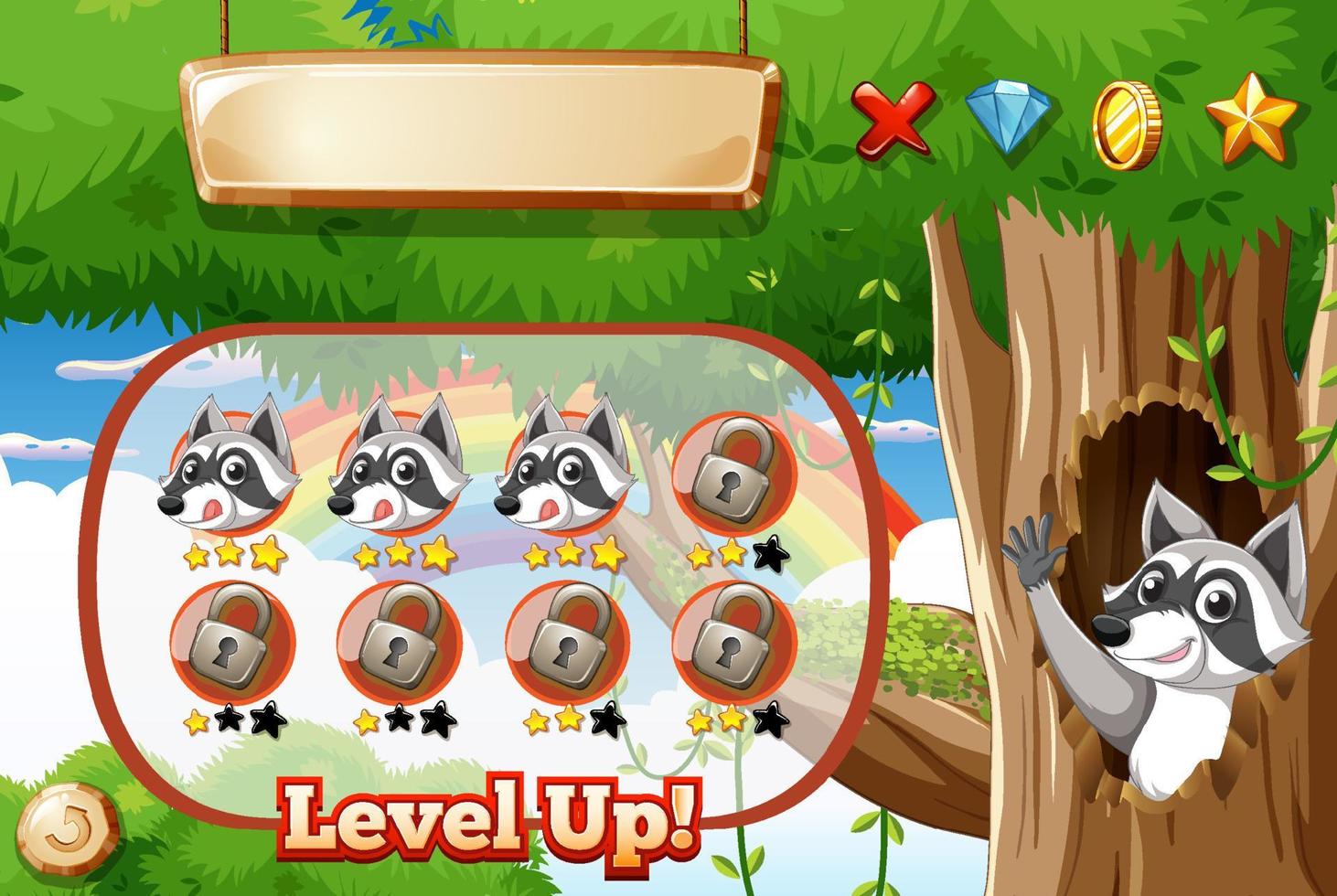 Game template design with raccoon in the woods vector