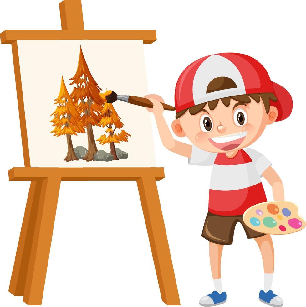 Cute boy painting on canvas vector