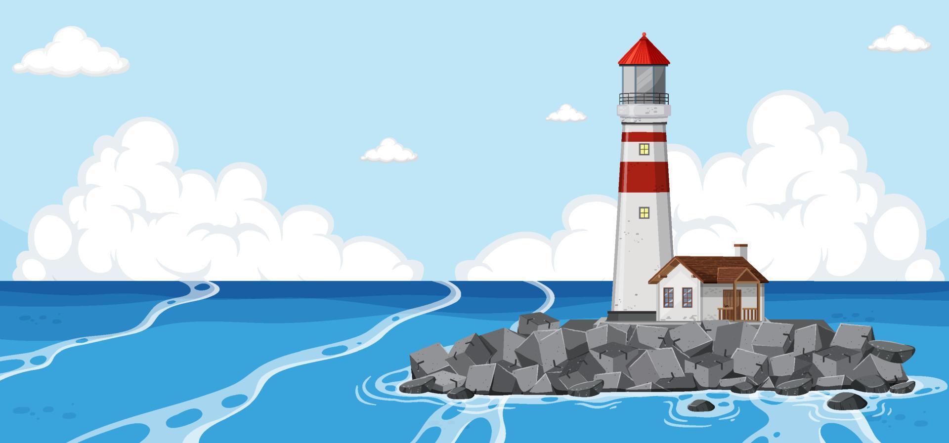 Lighthouse in on the island in the middle of the sea vector