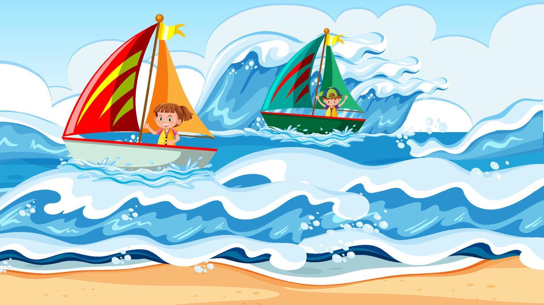 Children sailing boat racing on the sea vector