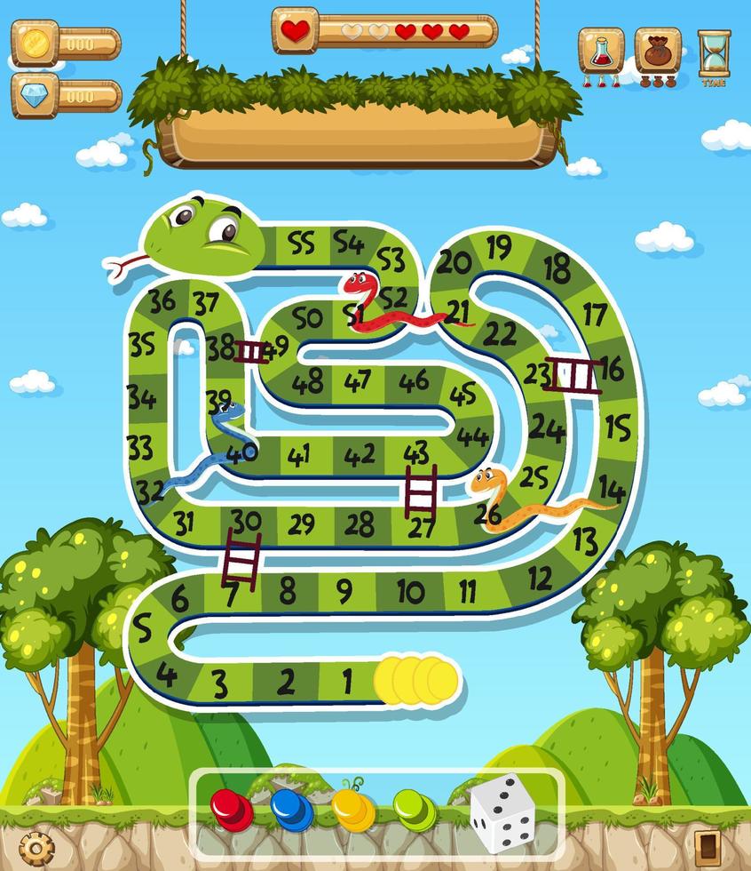 A snake ladder game template in forest background vector