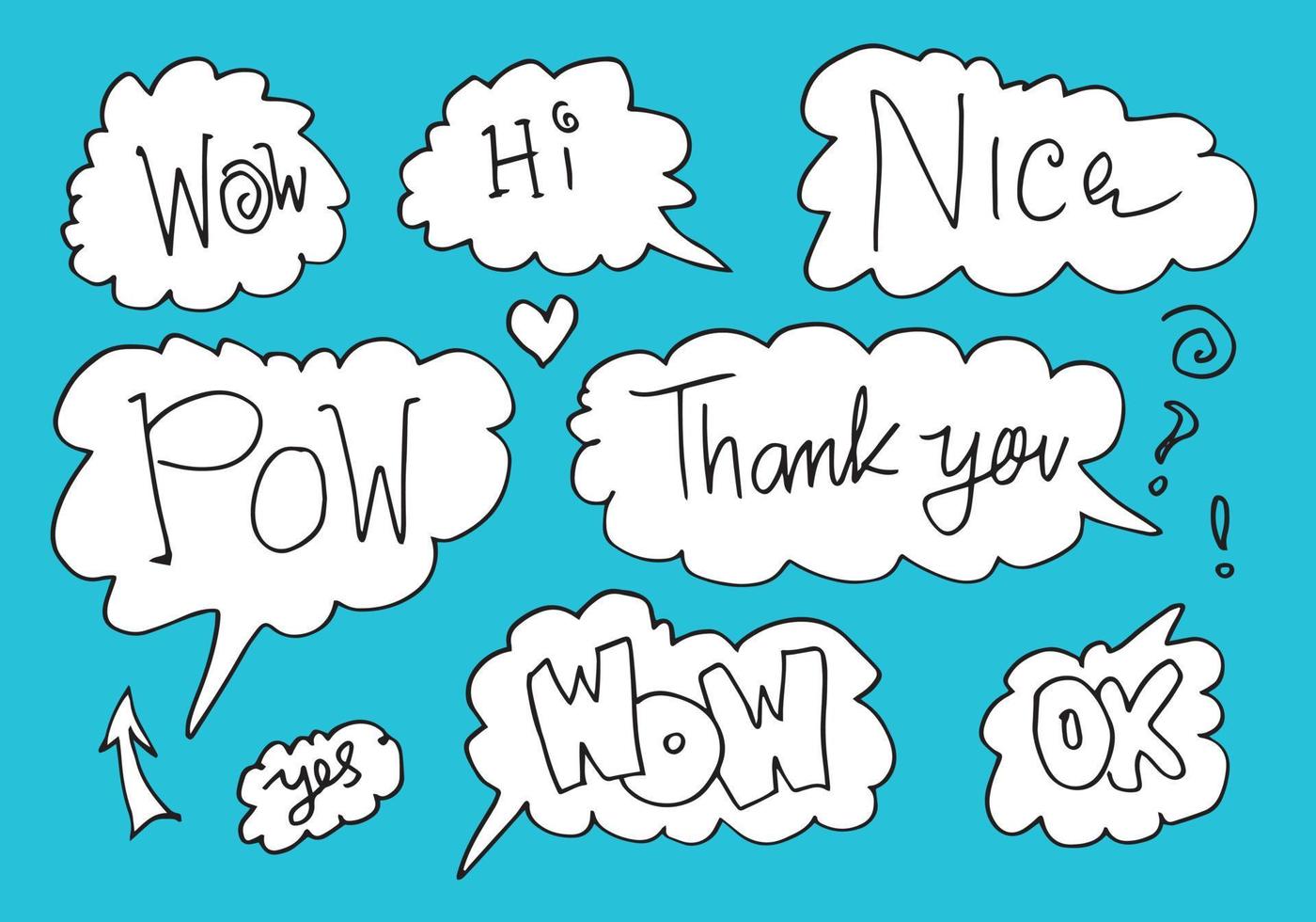 Hand drawn set of speech bubbles with handwritten short phrases  wow,nice,hello,pow,thank you,ok,hi on blue background. vector