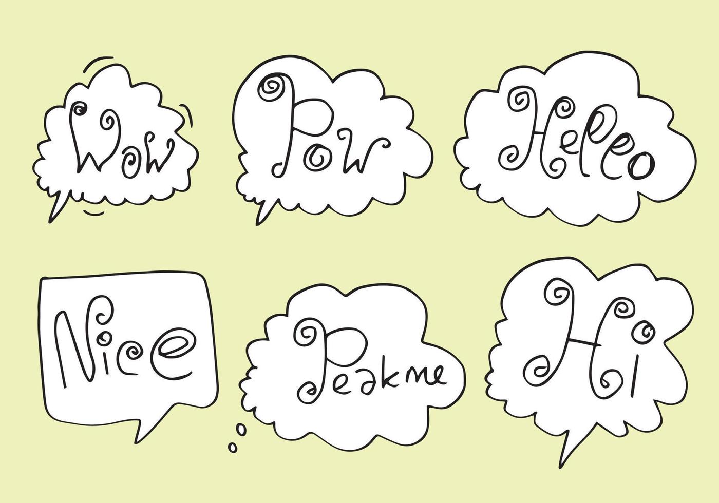Hand drawn set of speech bubbles with handwritten short phrases  wow,nice,hello,pow,peak me,hi on yellow background. vector