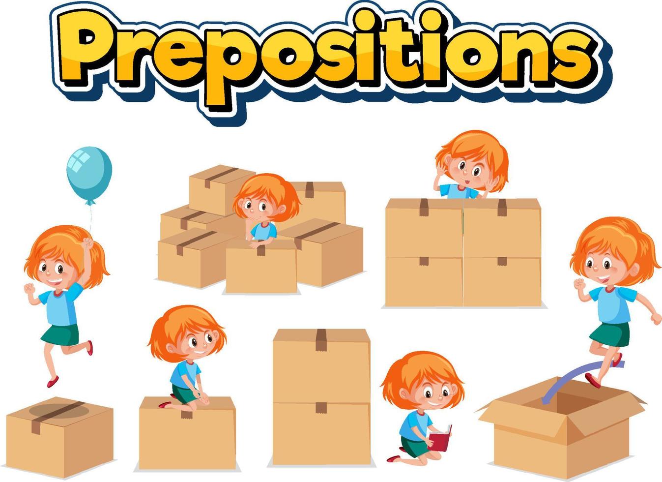 Prepostion wordcard design with girl and boxes vector