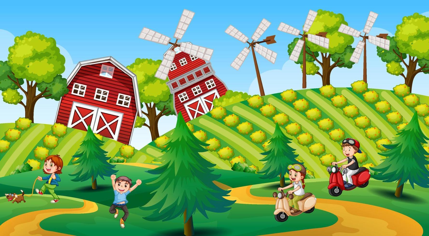 Happy kids in farm landscape vector