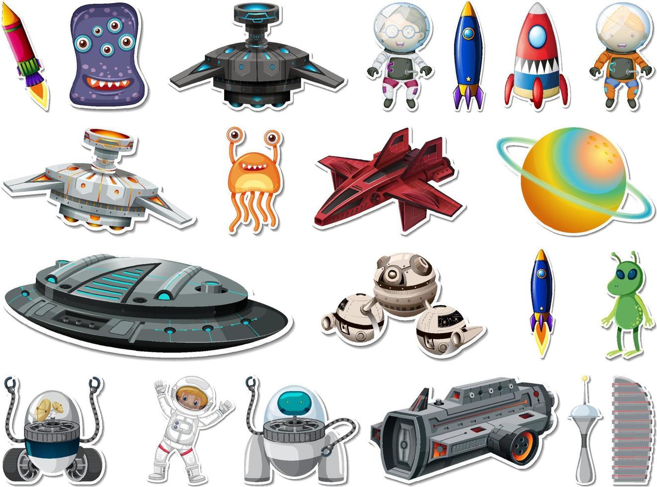 Sticker set of outer space objects and astronauts vector