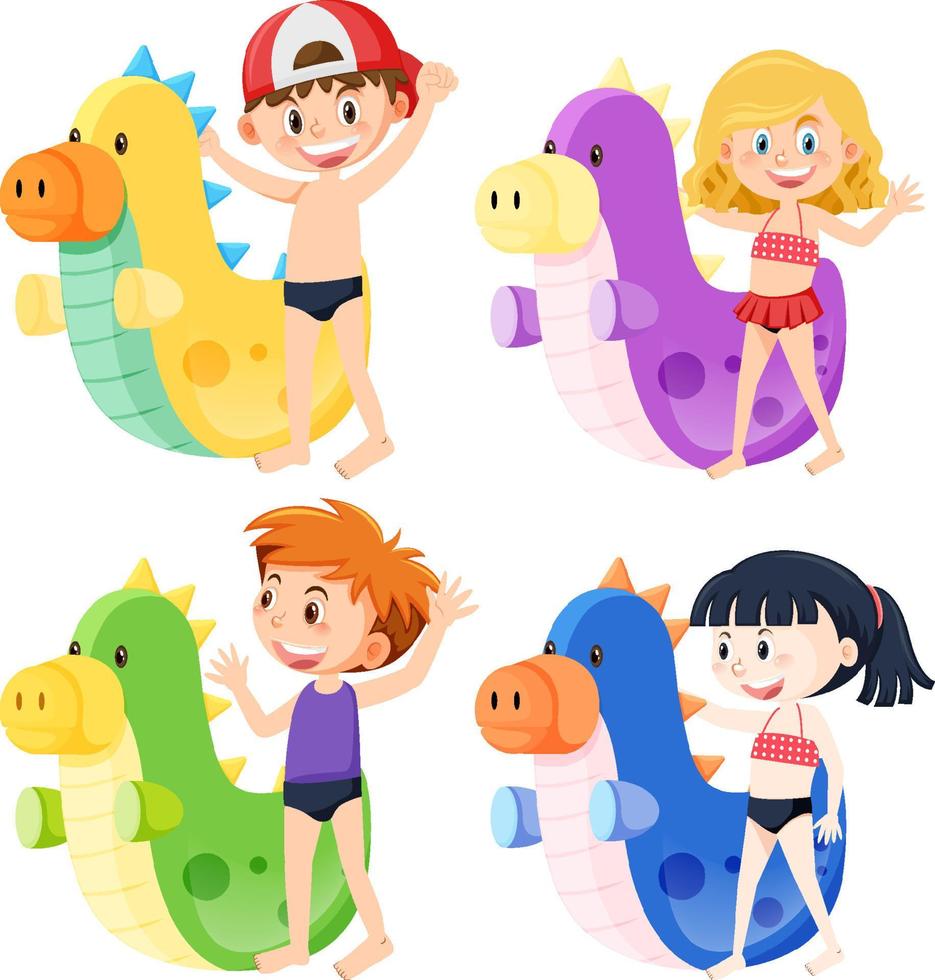 Happy boy and girl in swimwear next to inflatable dinosaur vector
