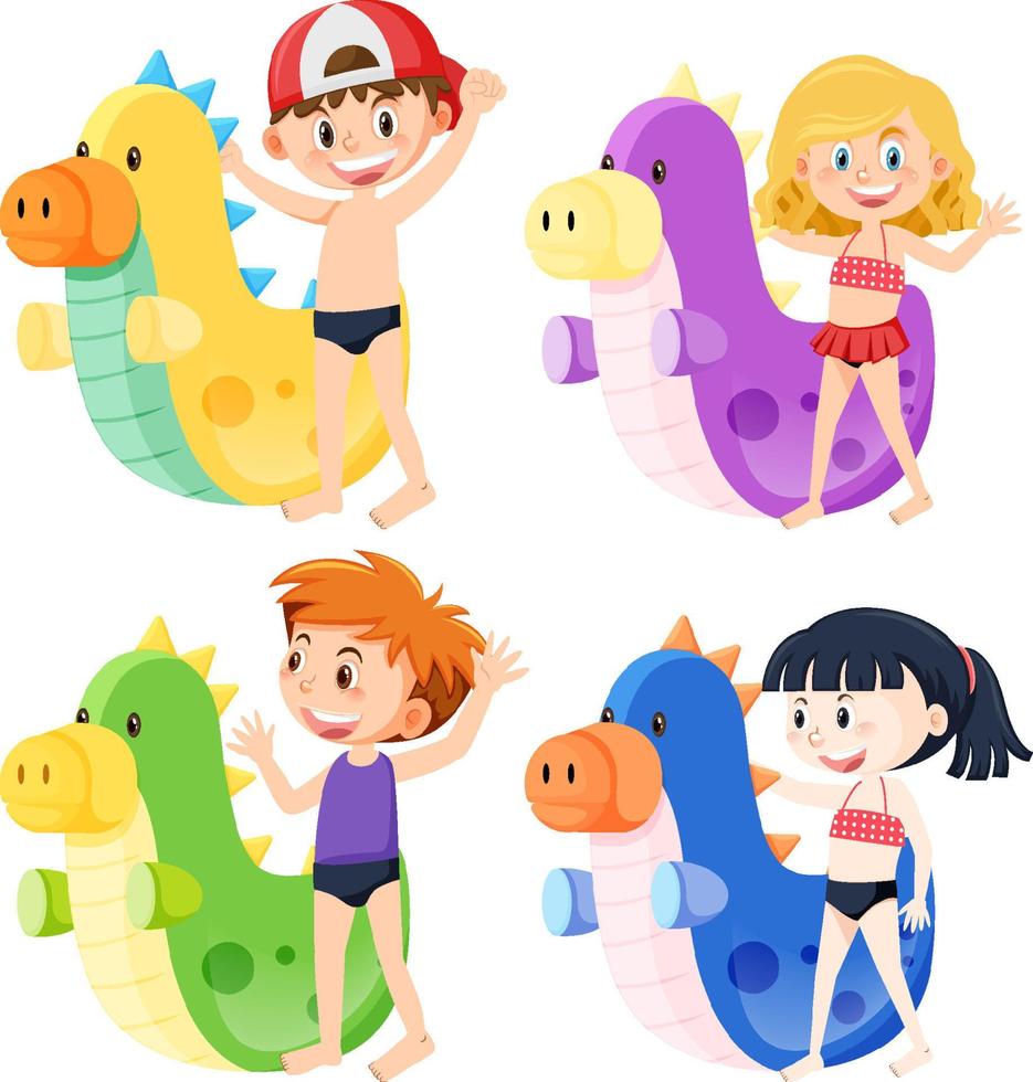 niño y niña felices en traje de baño junto a un dinosaurio inflable vector