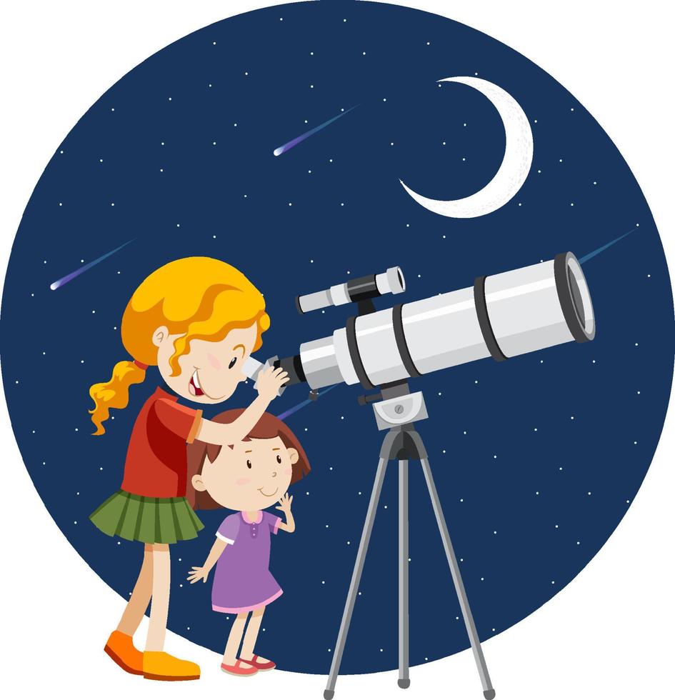 niña mirando a través del telescopio por la noche vector