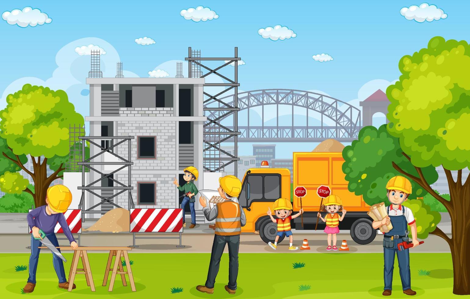 Building construction site with workers vector