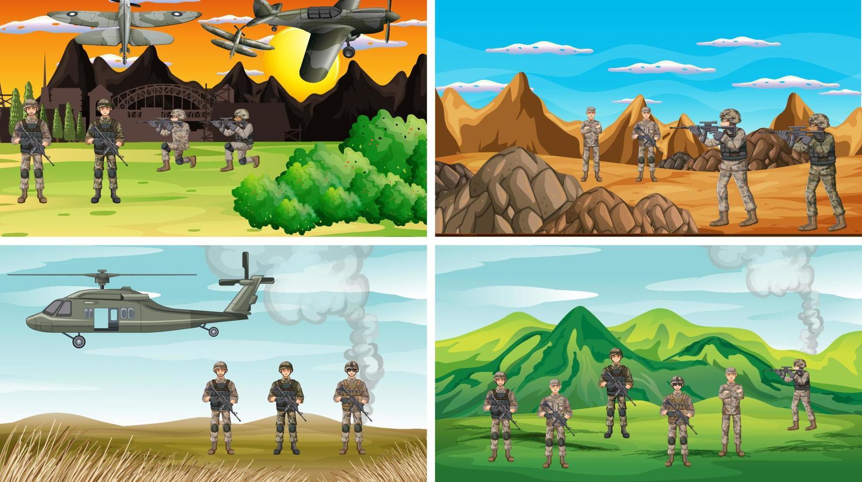 Set of different army war scenes vector