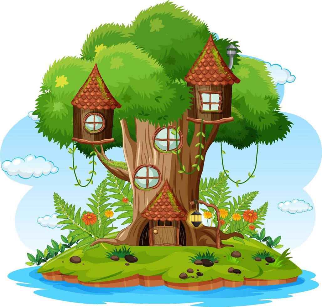 casa del árbol de fantasía en el bosque vector