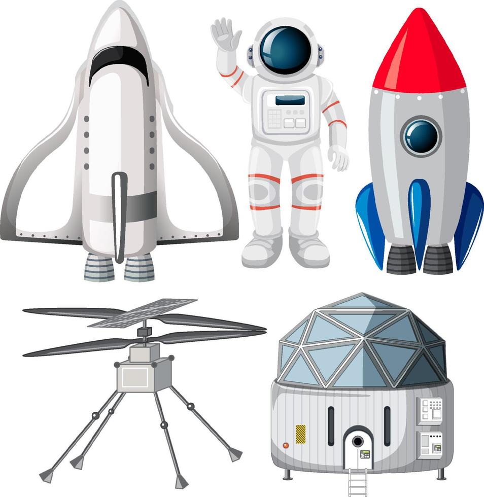 Set of spaceship and satellite objects vector