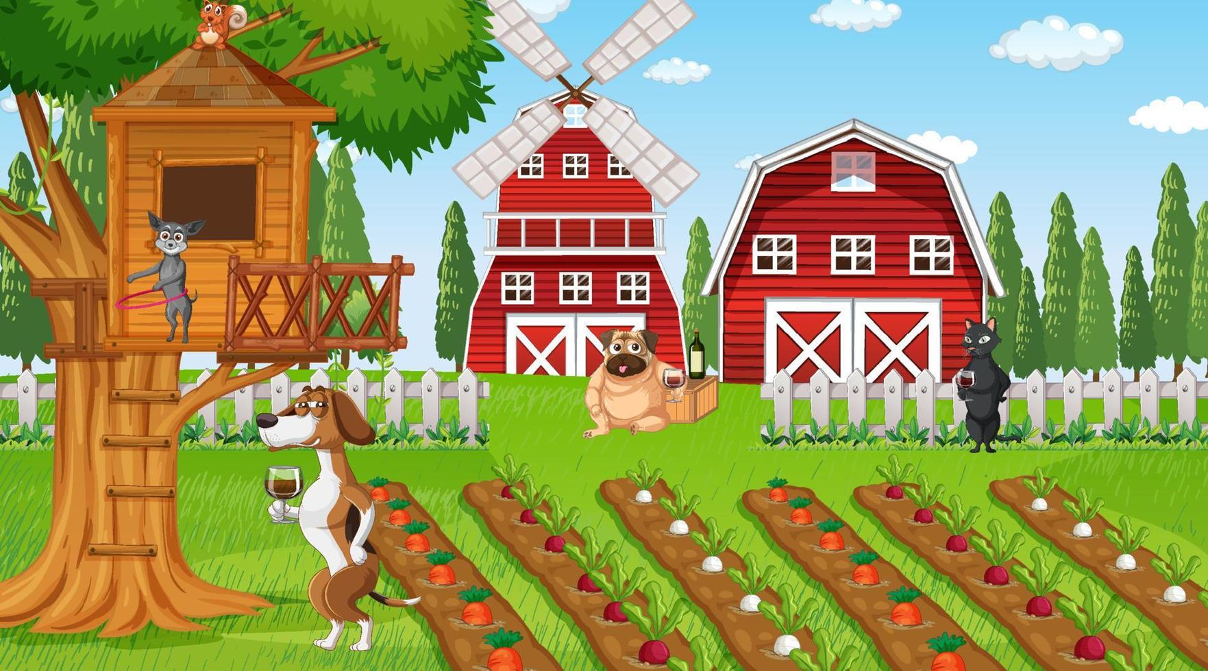escena de la granja al aire libre con perros de dibujos animados vector