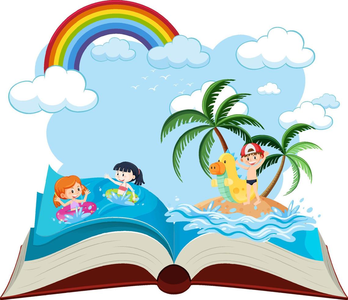 Open book with children enjoying summer at the beach vector