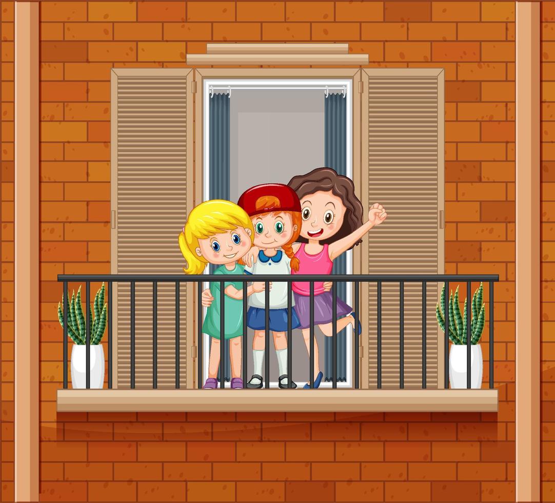 Three girls standing on the balcony vector