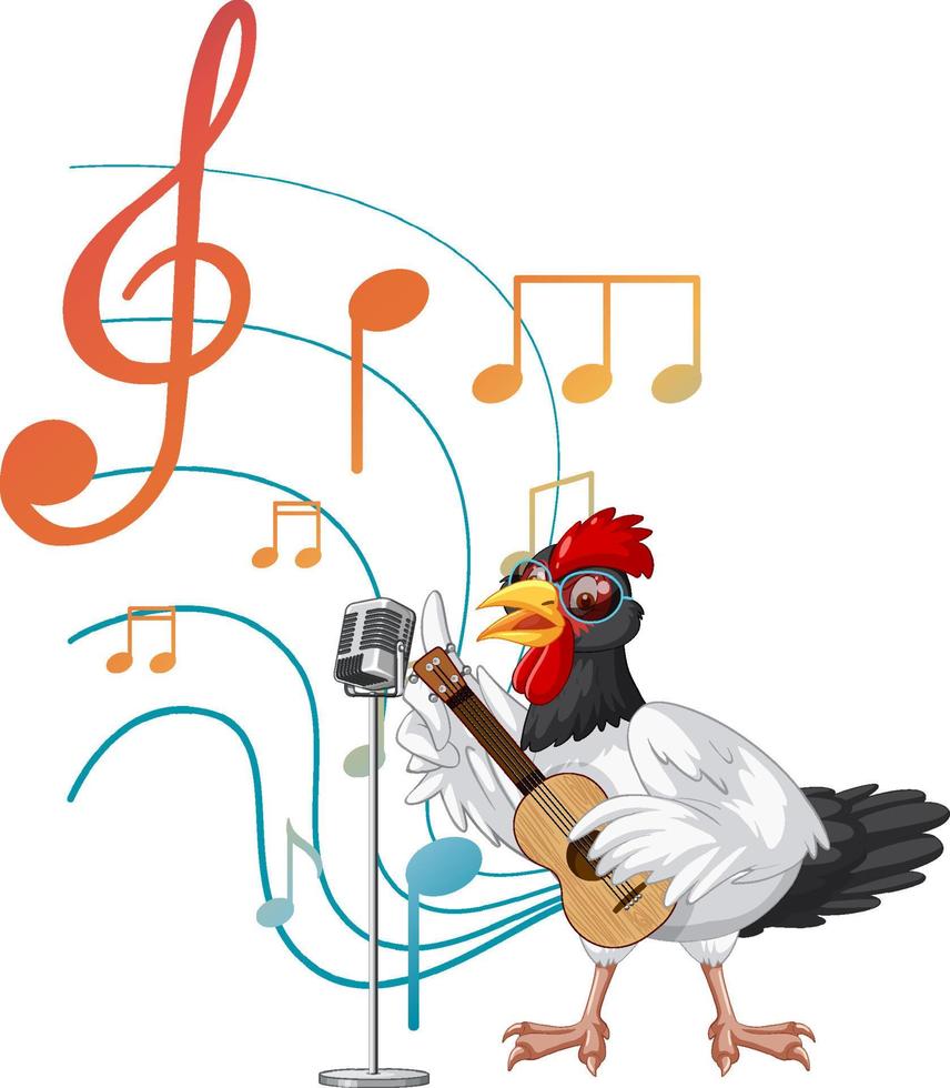 pollo tocando la guitarra y cantando con notas musicales sobre fondo blanco vector