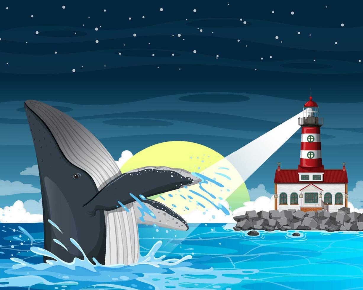 Lighthouse on coast and whale in the sea vector