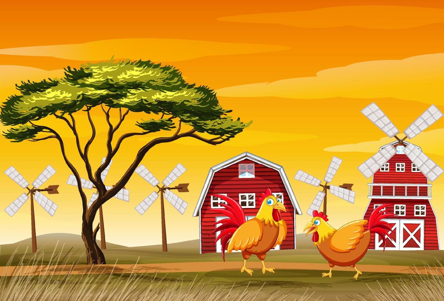 escena de la granja con pollos en el campo vector