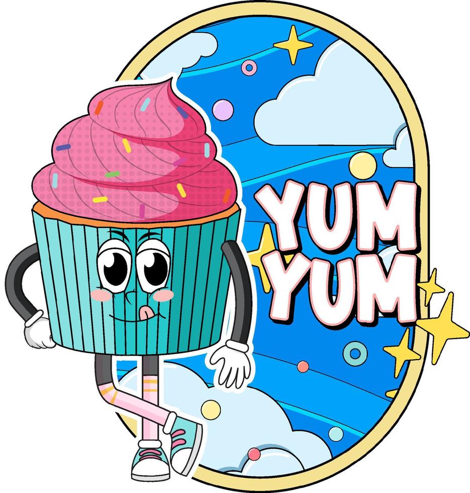 Cupcake with Yum word expression vector