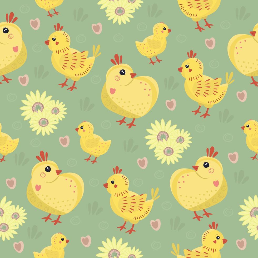 Seamless pattern with chicks and sunflowers vector