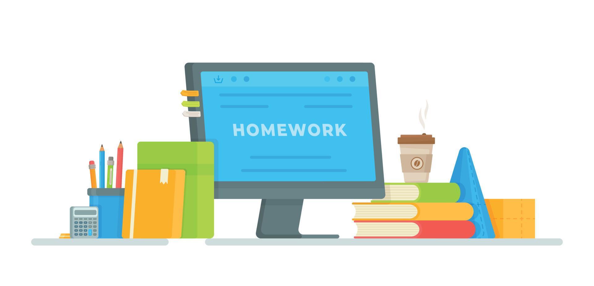 Vector illustration of doing homework on a computer. The workplace in ...