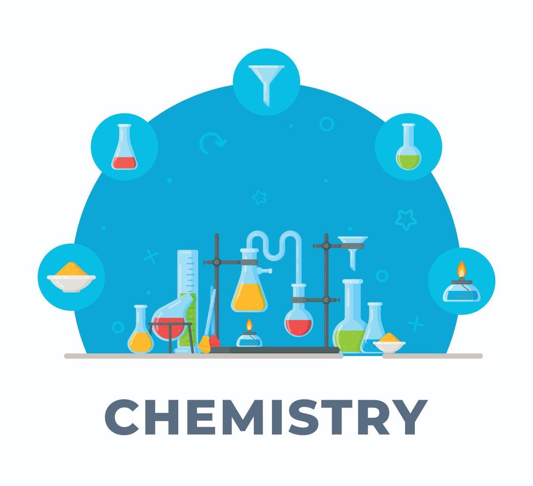 Chemistry and Chemical Instruments. Vector illustration of formulas. Chemistry Style. Mixture in flasks and test tubes.