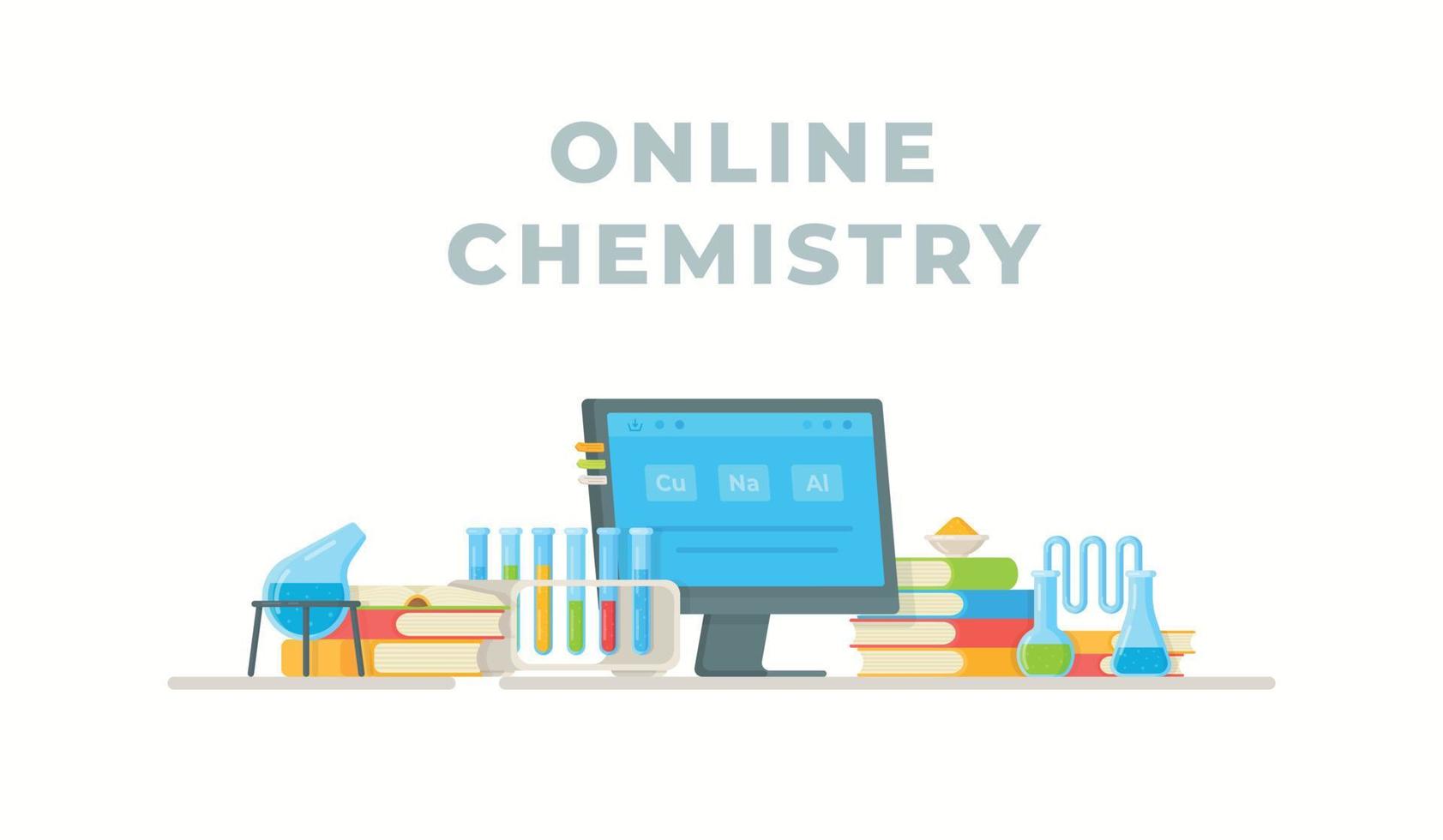 Online chemistry lesson. Vector illustration of conducting experiments. Vypolnenie homework.