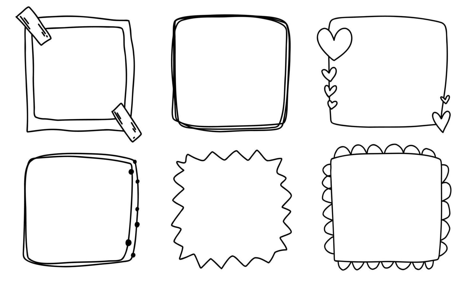 Doodle frames set hand drawn line collection. Square with hearts for wedding isolated. vector