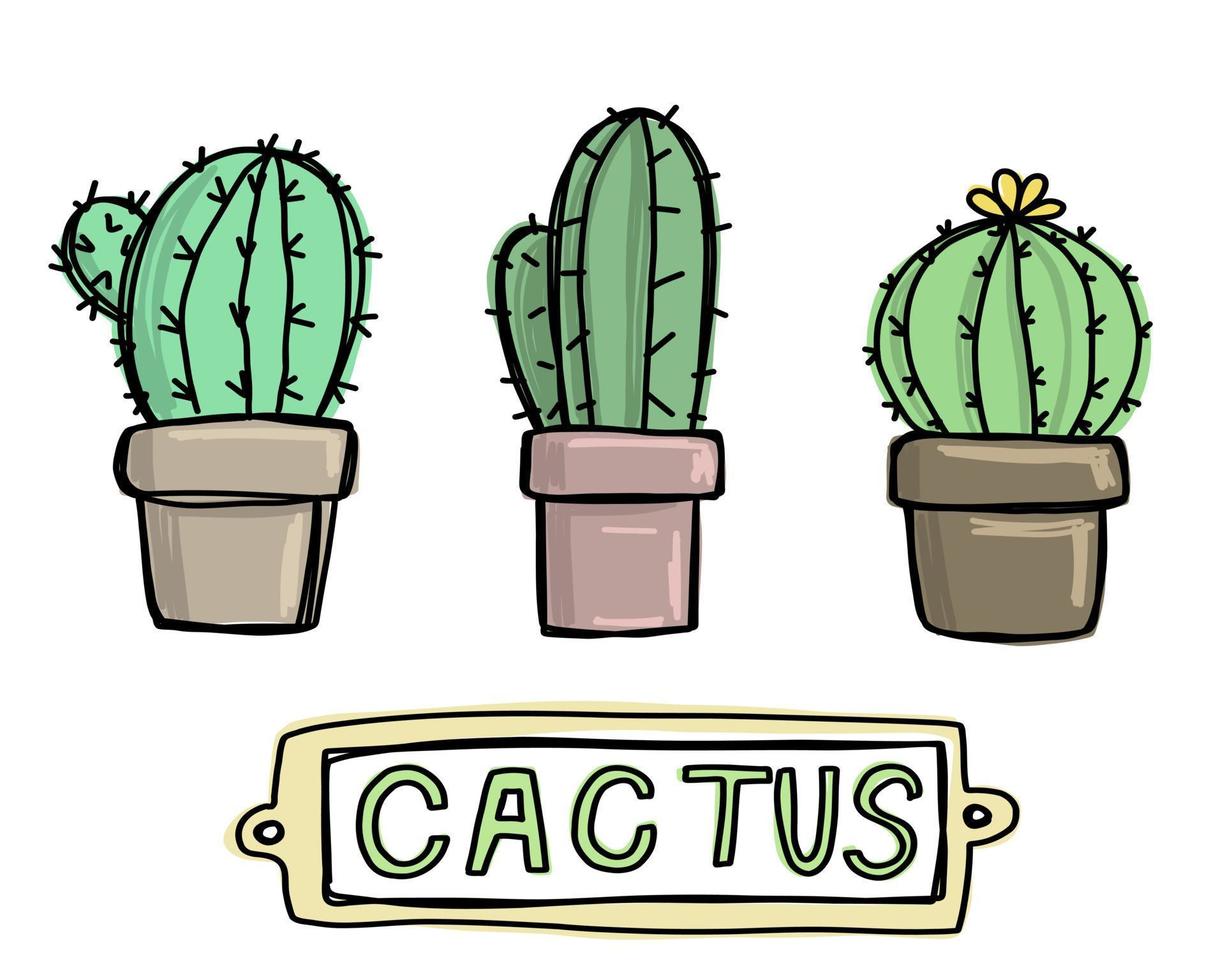 Cute cartoon happy cactus text. Cacti collection. Plant in home isolated doodle illustration. vector