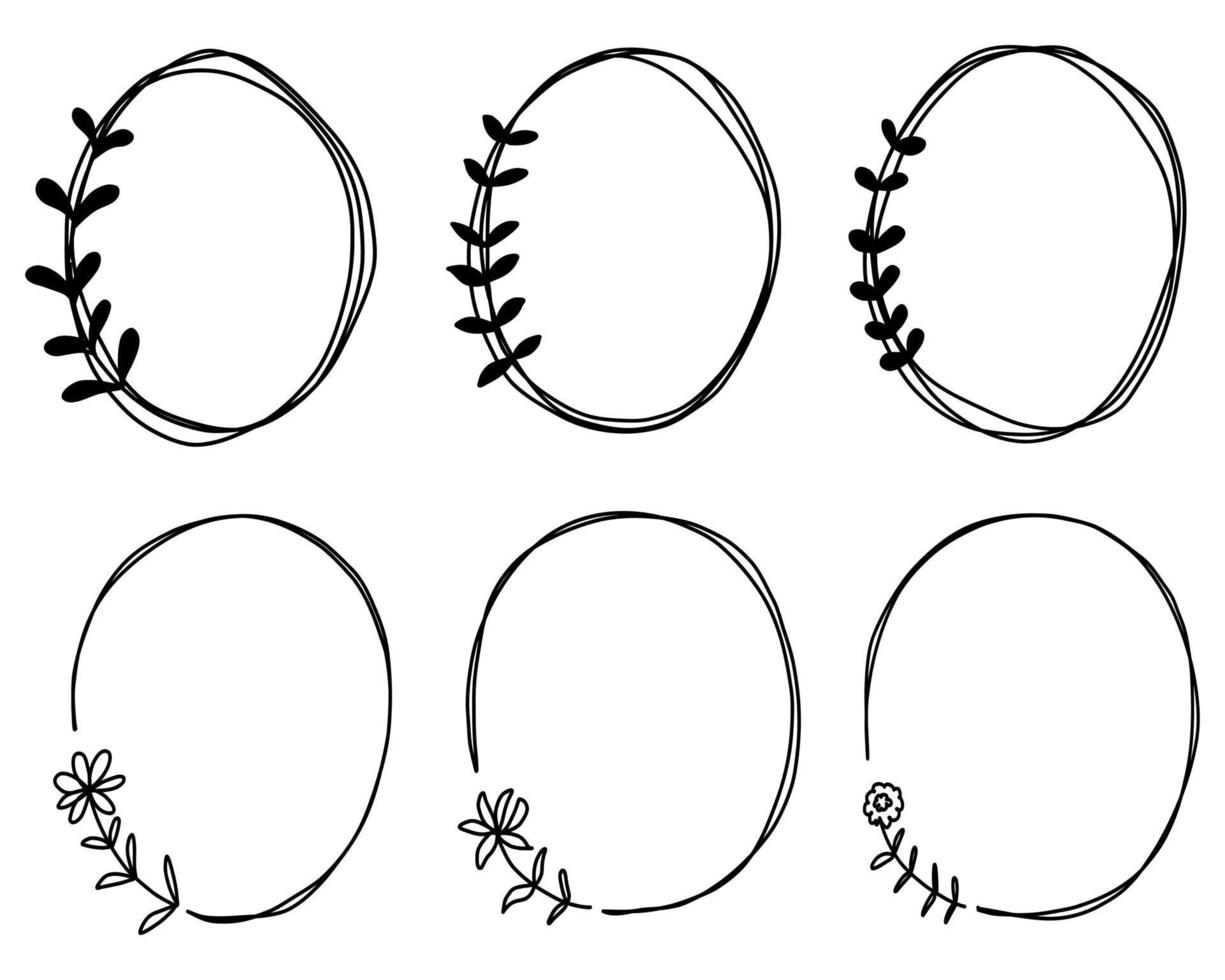 marcos de fideos establecidos dibujados a mano. líneas redondas con flores, hojas. para el día de san valentín, boda aislada. vector