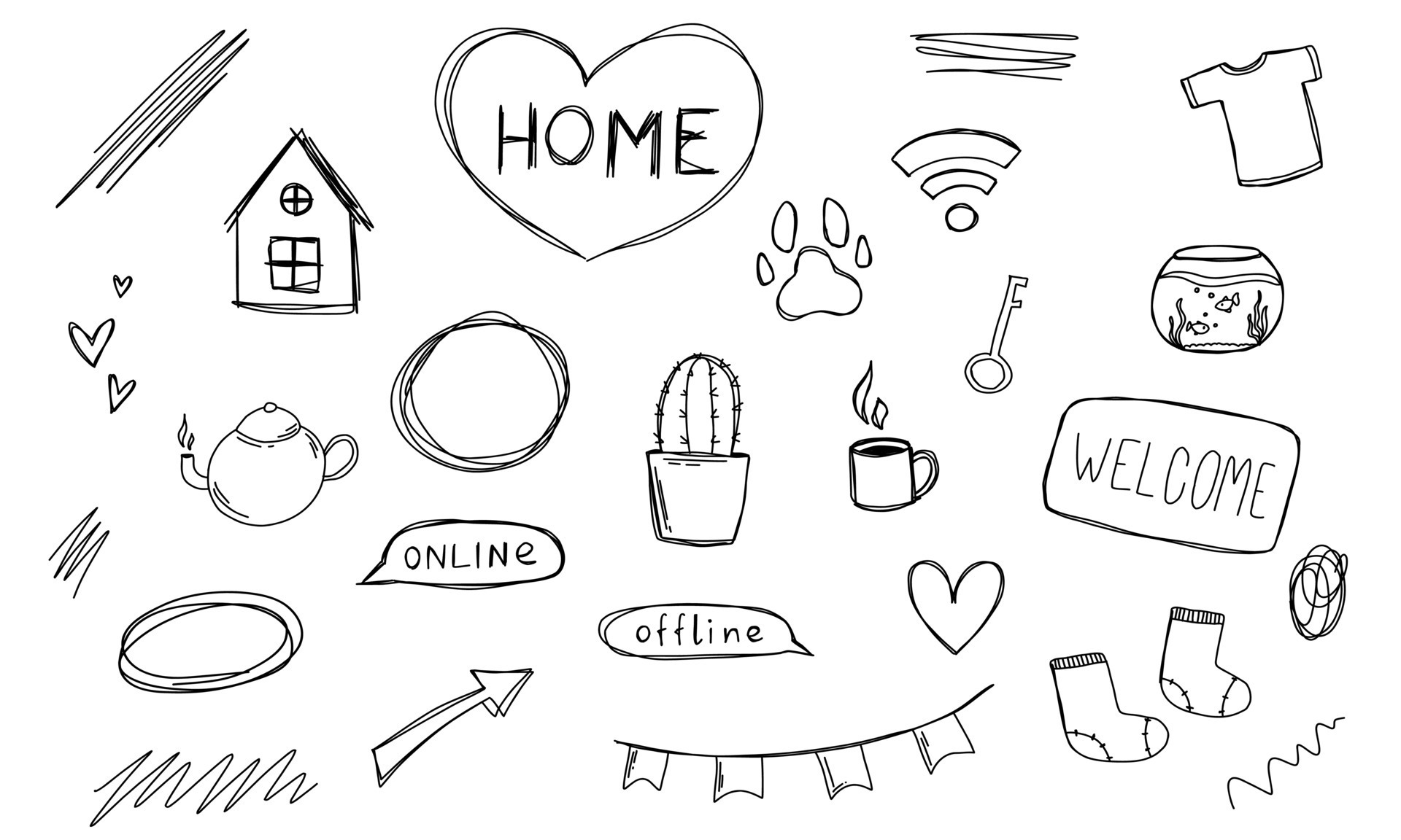Doodle hearts, branch, cat, woman, home text. Sketch set cute
