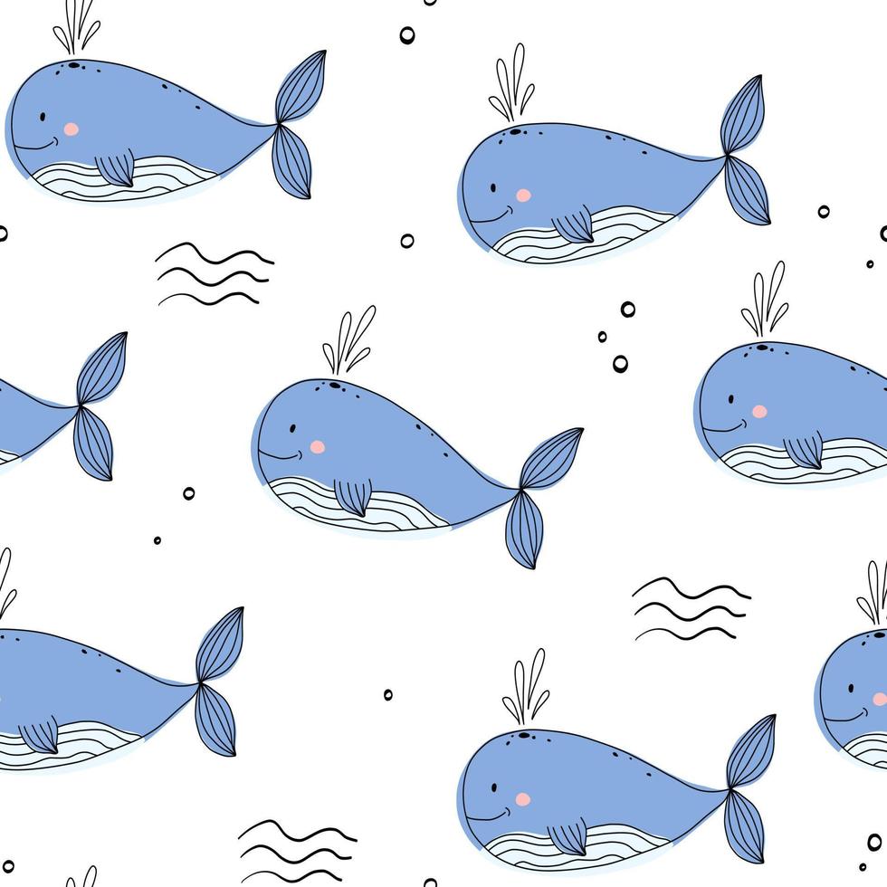 Cute doodle baby whale text white seamless pattern minimalist hand drawn. Summer texture, sea textile, children wallpaper. vector