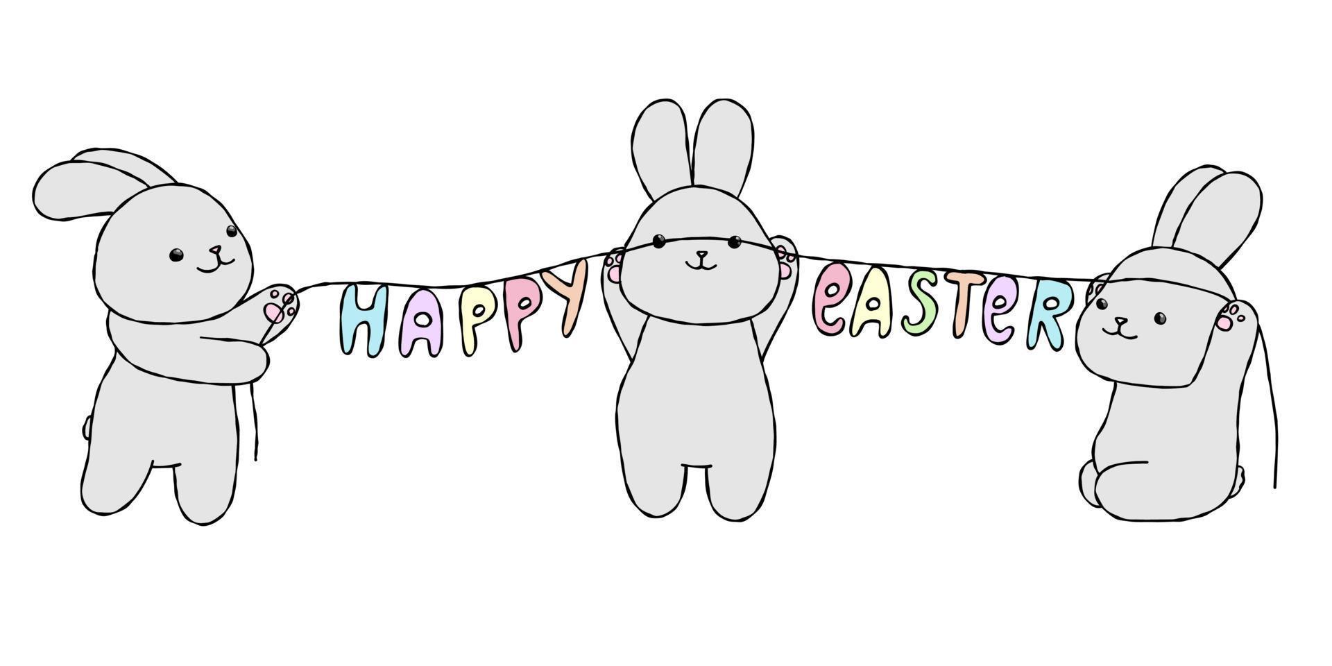 Cute rabbits collection isolated. Animals with text happy easter card. vector