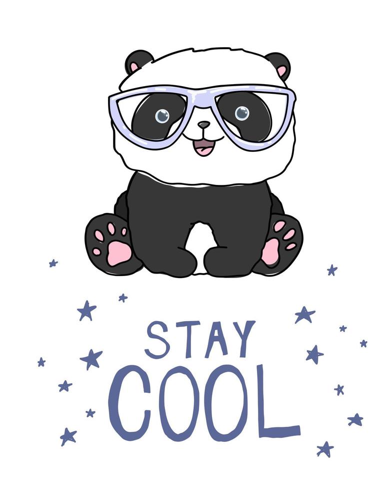 Cute little panda with text stay cool. Baby animal illustration for kids. Doodle hearts background isolated. vector
