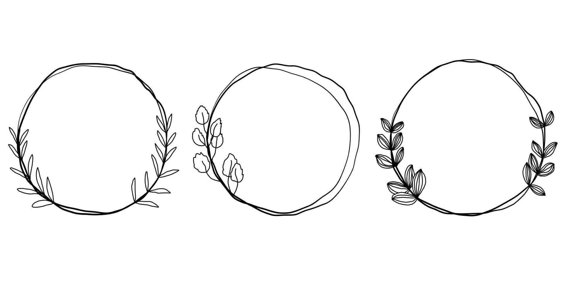 Cute abstract doodle isolated frames set hand drawn. Round lines with leaves. For wedding, Valentine's day, plant collection. vector