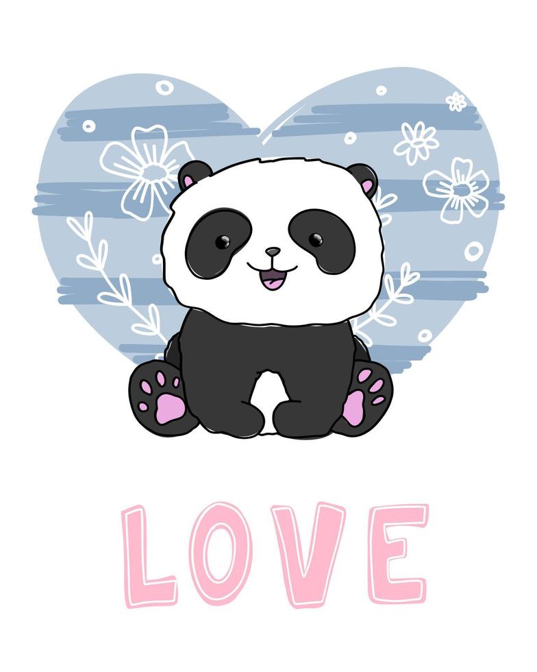 pequeño panda con amor de texto. ilustración animal bebé para niños. corazón azul garabato línea flores fondo aislado. vector