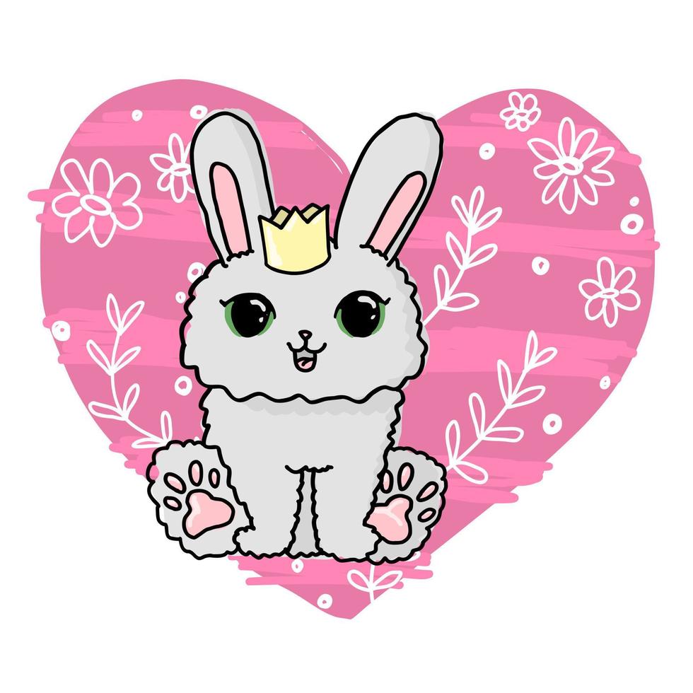 linda princesita conejita. animal bebé con corona, ilustración infantil. corazón rosa garabato línea flores fondo aislado. vector